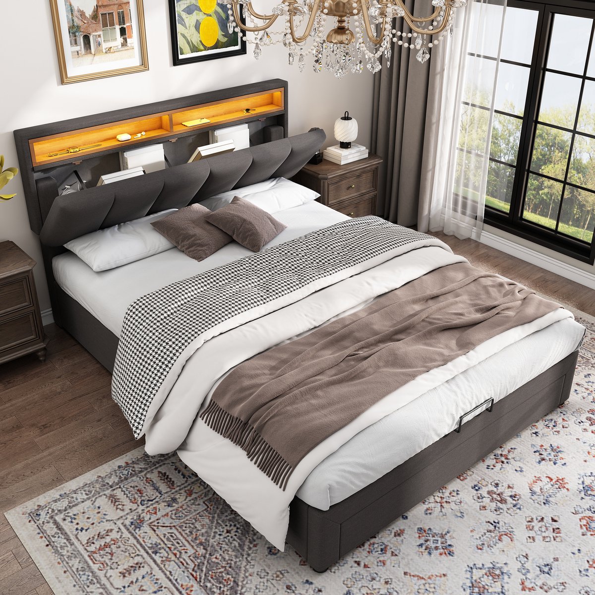 SINGULARITY-Gestoffeerd bed met LED-verlichting- hydraulisch opbergbed met bedstee- laden en opbergvakken- tweepersoonsbed- 140 x 200 cm- grijs- zonder matras