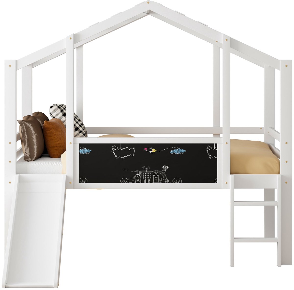 Merax Kinderbed in Huisvorm - 90x200 cm - Met Glijbaan - Veiligheidsladder - Schoolbord - Massief Hout - Wit
