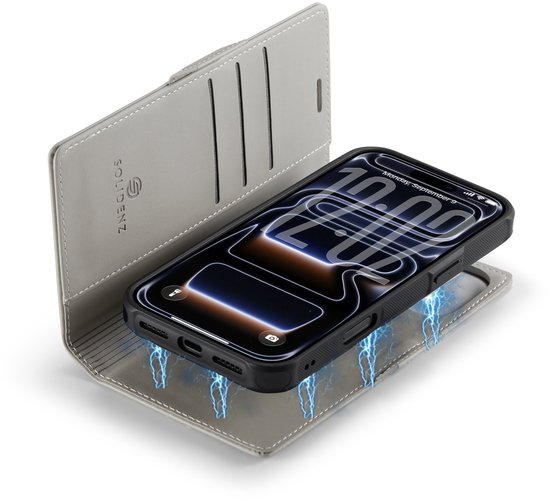 Lichtgrijs portemonnee hoesje met beige kaarthouder, telefoonhouder en MagSafe-functie.
