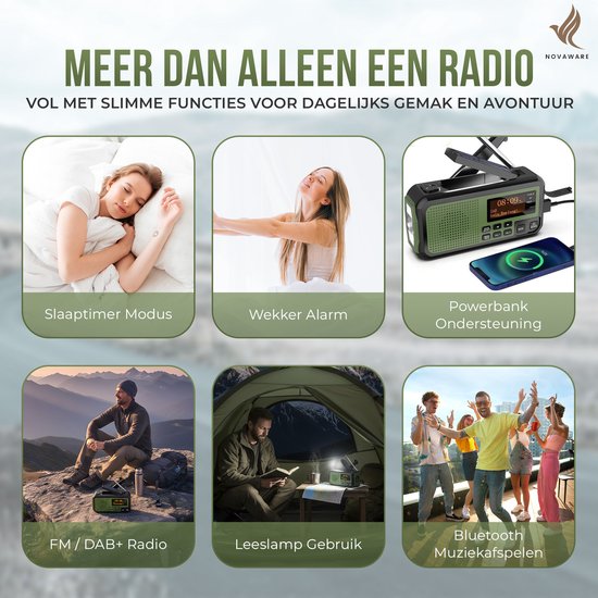 NovaWare® Radio d'urgence à remontage Solar - Banque d'alimentation à énergie solaire avec 5 200 mAh - DAB+/ FM - Pack d'urgence - Haut-parleur Bluetooth - Radio portable - Batterie - Vert