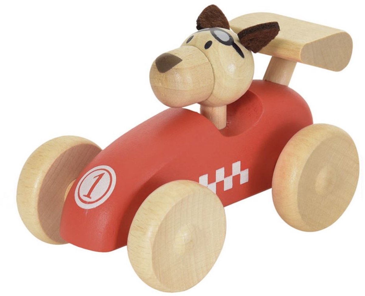 Egmont Toys houten raceauto speelgoed met hond - houten auto 12x7x7 cm.