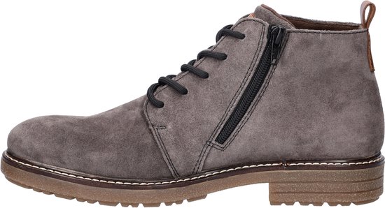 Grijze suède veterboot met ritssluiting aan de zijkant, zwart veters en bruine lus.