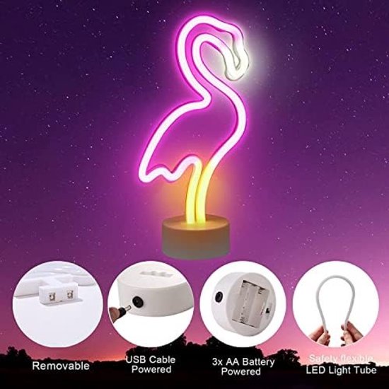 LED Neon Flamingo Tafellamp - Op Batterijen, Sfeerverlichting voor Slaapkamer van Merkloos — afbeelding 5