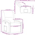 Grijze relaxfauteuil in kunstleer met afmetingen in cm en inches.