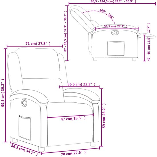 Grijze relaxfauteuil in kunstleer met afmetingen in cm en inches.