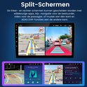 Groot autoradio-scherm met navigatie-app, muziekspeler en ADAS DVR-weergave. Split-screen functie wordt getoond.