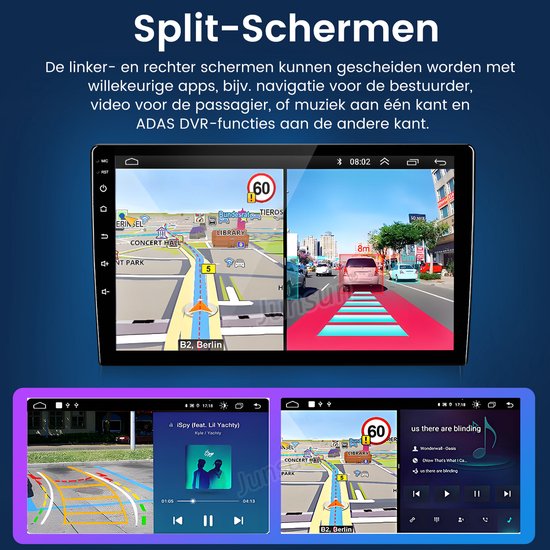 Groot autoradio-scherm met navigatie-app, muziekspeler en ADAS DVR-weergave. Split-screen functie wordt getoond.