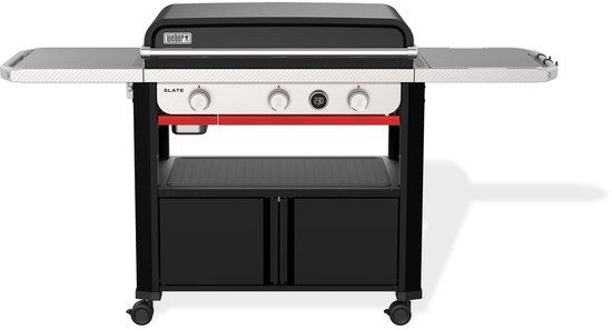 Zwarte Weber Slate plancha met zilveren werkbladen en rode accenten.