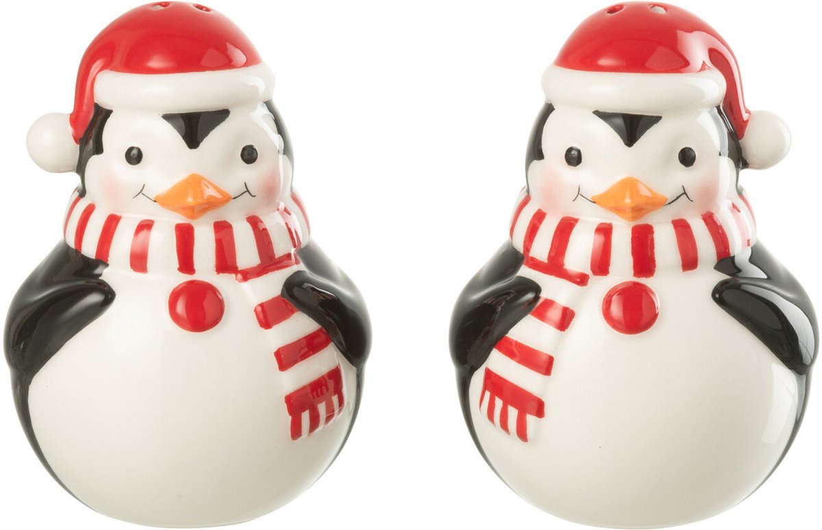 J-Line peper- & zoutstellen Pinguïn - keramiek - kerstrood/wit