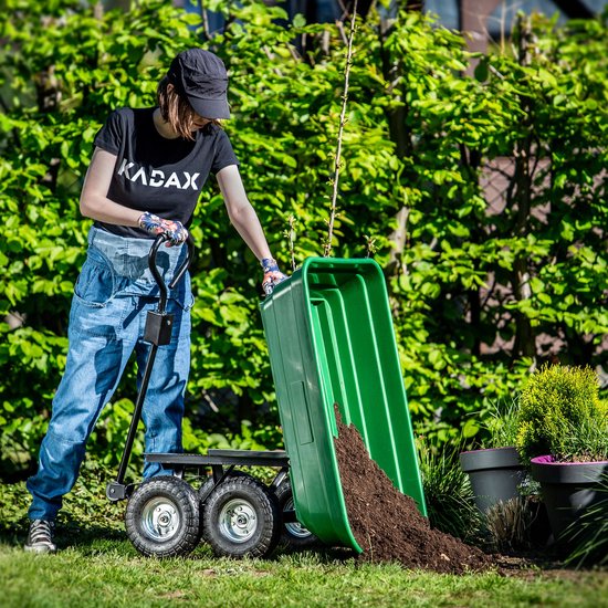 KADAX Bolderkar van kunststof PVC, draagkracht 300 kg, handwagen met kantelfunctie, kiepwagen met metalen frame, tuinwagen, transportwagen (75 l, groen/zwart) — afbeelding 5