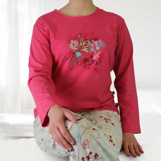Tenderness Dames Pyjama - Botanisch Patroon - Katoen - Rood - Maat M