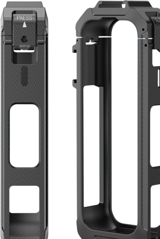Zwarte beschermkooi van koolstofvezel met een 'press open-up' mechanisme.