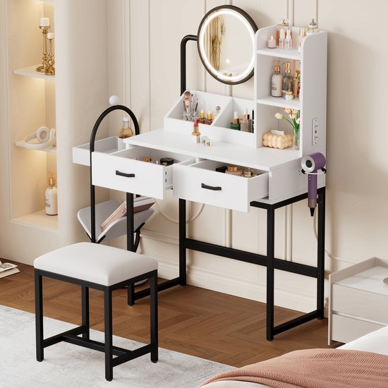 Moderne Hoek Make-up Kaptafel Set, Moderne Hoek Make-up Kaptafel Set met 5 Opberglades & Dimbare Verlichte Spiegel, Kaptafel met Gewatteerde Kruk, voor Vrouwen, Meisjes, Kleine Ruimtes