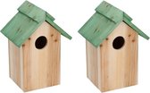 2x Houten vogelhuisje/nestkastje met groen dak 24 cm - Vogelhuisjes tuindecoraties