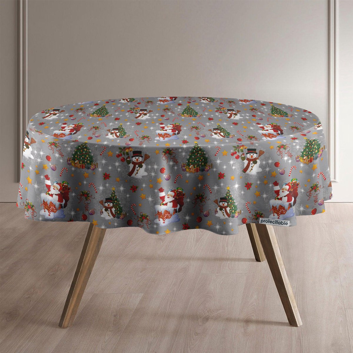 Protecttable - Rond Kerst Tafelzeil Kerstman Zilver Ø138cm - Tafelkleed Afwasbaar - Kunststof