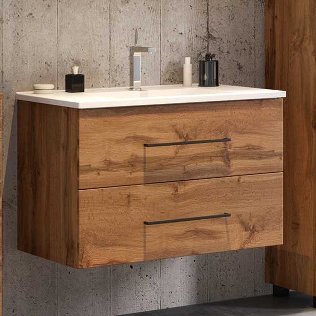 Wastafelmeubel Dusan 80cm met 2 lades - wotan eik - Held - Wastafelmeubels zwevend - Bruin - MDF; Spaanplaat - Wastafelmeubels zwevend -