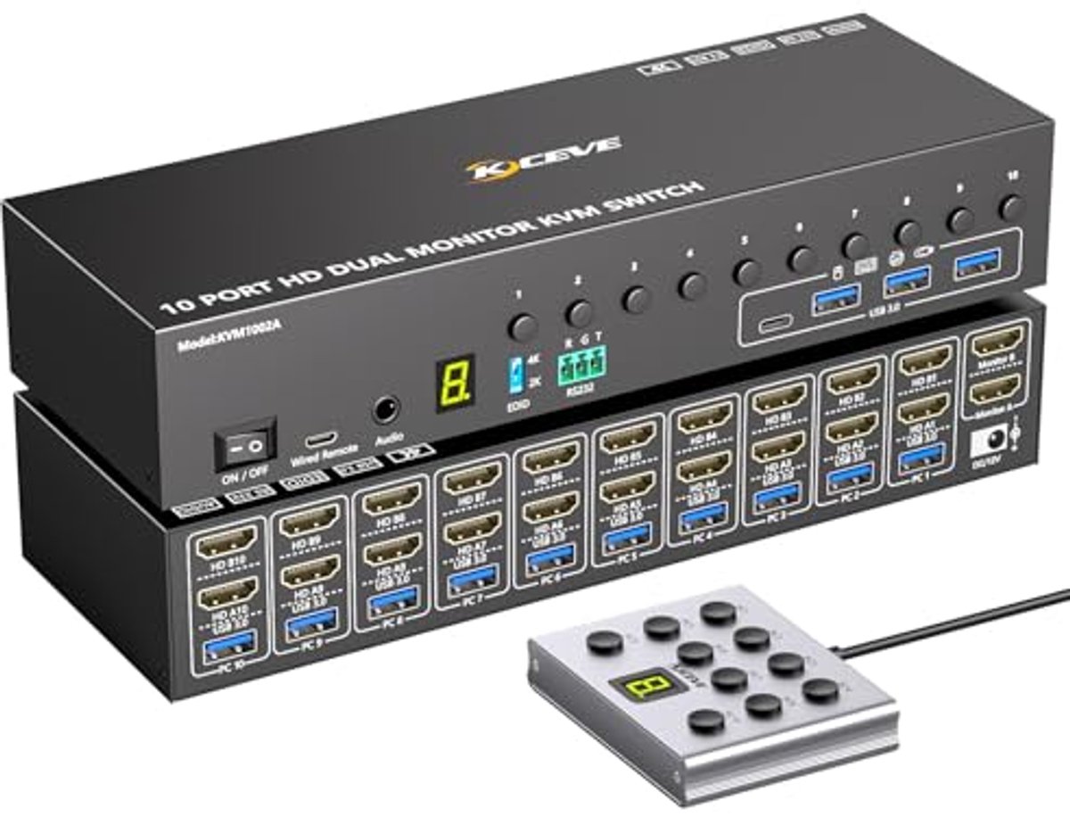 10 Port HDMI KVM Switch 2 Monitor 4K@60Hz EDID Simulation, Dual Monitor KVM Switch 10PC with 4 USB 3.0 Port For Keyboard and Mouse Printer, Audio RS232, with Controller 12V Power and 10 USB Cable
