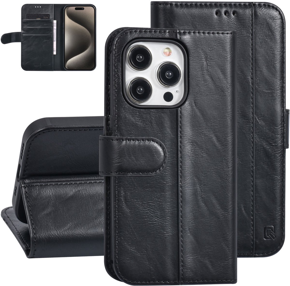 UNIQ Accessory Back Cover - Voor Apple iPhone 15 Pro - Zwart - 360° Bescherming - Kaartsleuven