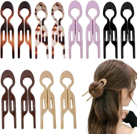 Twaalf haarclips in verschillende kleuren en patronen, waaronder bruin, beige, lichtpaars, zwart en tortoise. Een model draagt een beige clip in een knot.