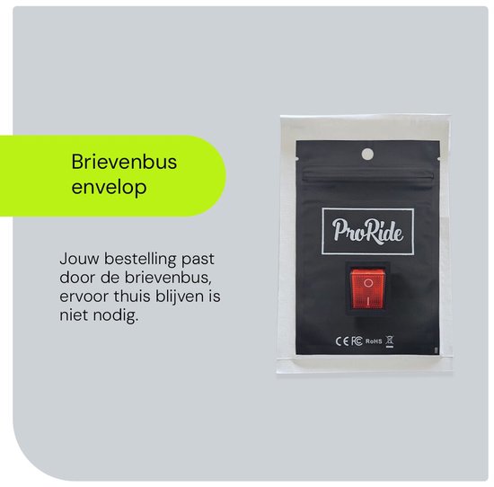 Rode wipschakelaar in een zwarte verpakking met 'ProRide' logo, CE, FC, RoHS keurmerken.