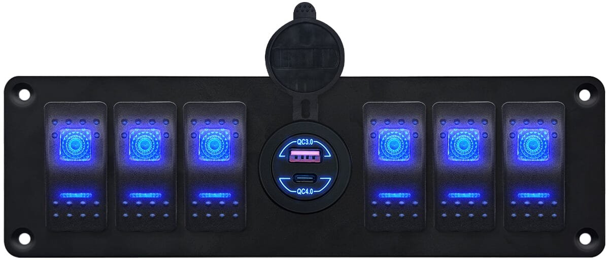ProRide Schakelpaneel 12V voor Auto/Boot - USB Stopcontact 2 Poorten - QC4.0 - 6 schakelaars - Blauw
