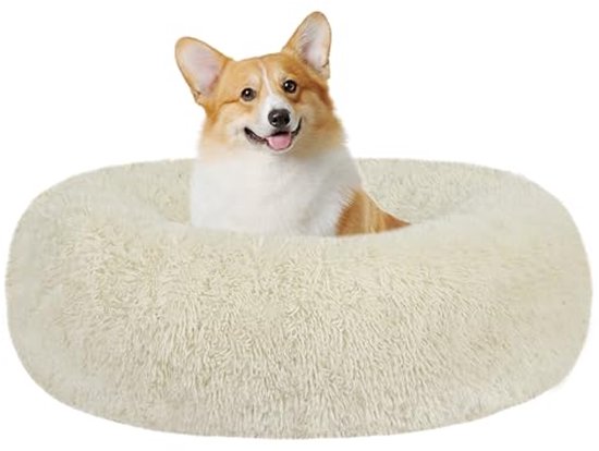 HMTOPE Orthopedisch hondenbed, rond, hondenkussen, hondensofa, kattenbed, donut, knuffelige hondenmand, wasbaar, diameter 90 cm, beige