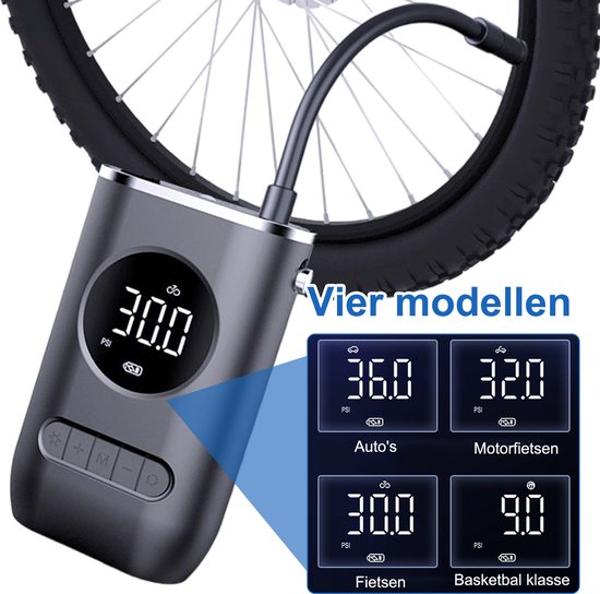 Ynkkvre - Elektrische Luchtpomp 150 PSI - 4x Sneller - Met Digitaal Banden Spanningsmeter - LED Lamp - 4 Modi Accu Compressor voor Fiets Auto Motor en Ballen — afbeelding 5