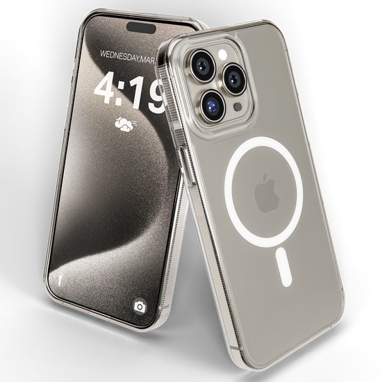 Coque de téléphone transparente avec un logo MagSafe circulaire.