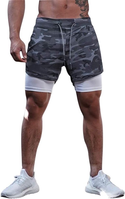 XDSP Sportshorts voor heren, korte broek, sneldrogende sportbroek, sneldrogende hardloopshorts, gym, trainingsshorts, kort, sneldrogend, zak met ritssluiting, camouflage grijs, Kaki, M