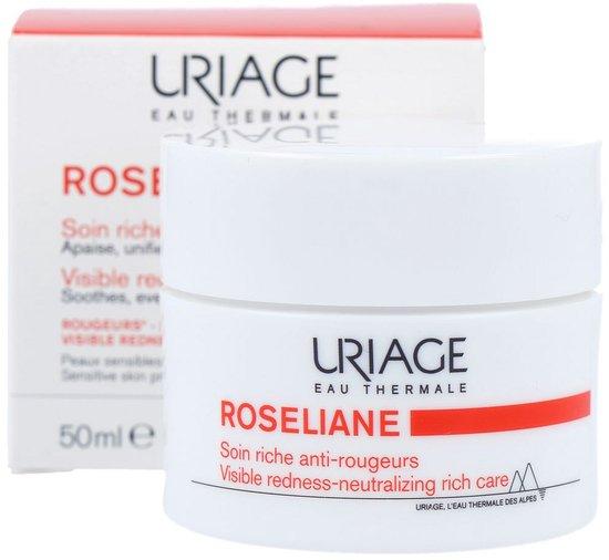 Witte doos en pot met rode en roze tekst. Pot toont "Roséliane".