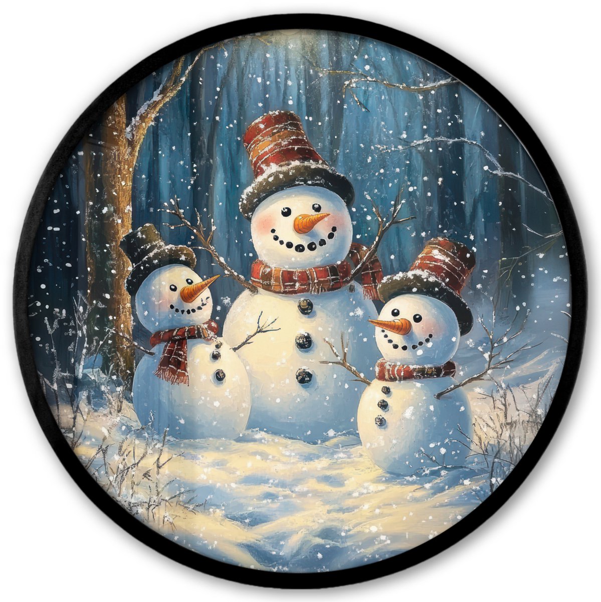 FrameYourWall Poster in lijst Rond - Fotolijst 40x40 cm - Posters - Sneeuwpop - Sneeuw - Winter - Bos - Ronde posterlijst zwart - Decoratie - Wanddecoratie woonkamer - Muurdecoratie slaapkamer Sneeuwpoppen