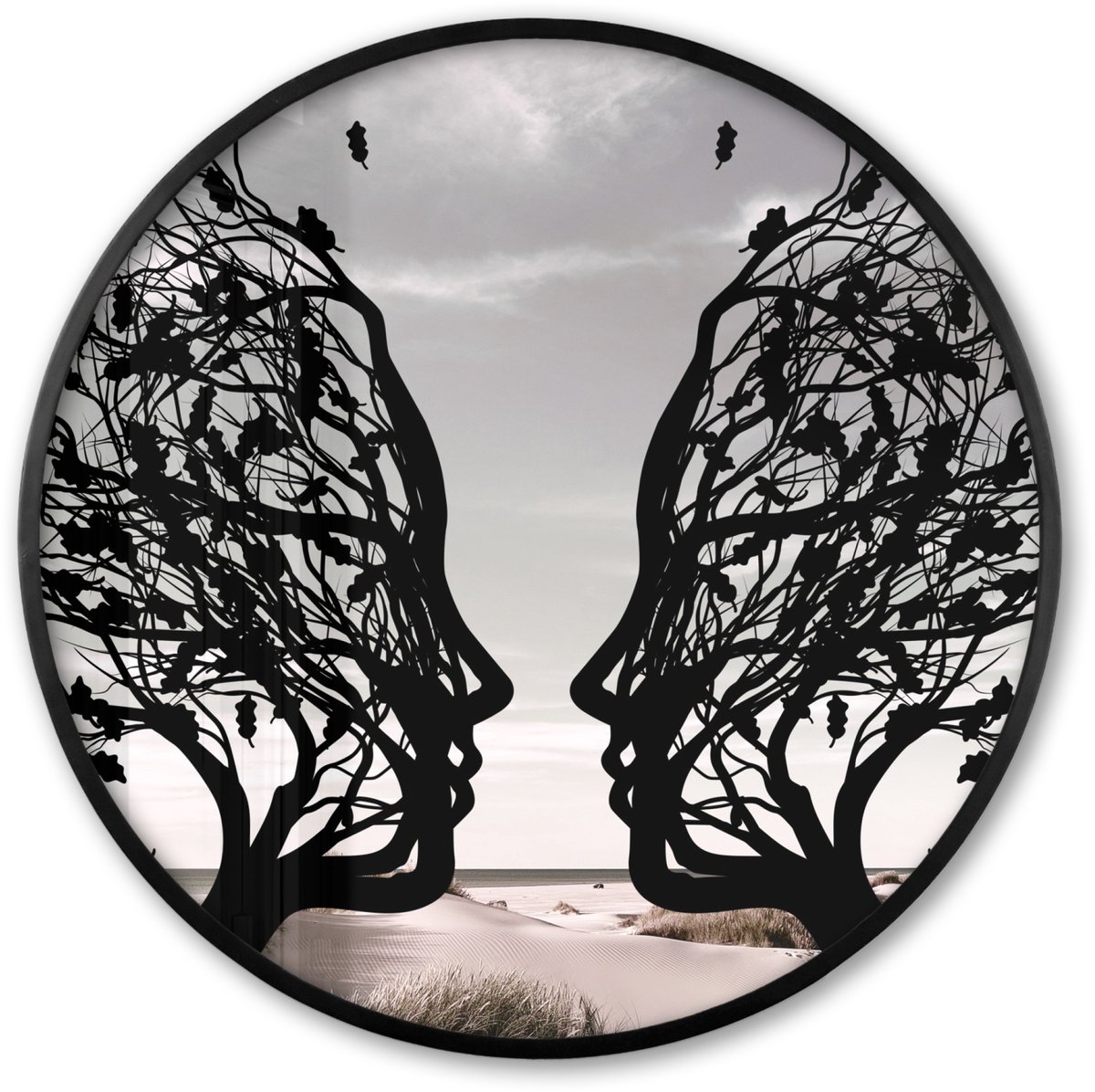 FrameYourWall Poster in lijst Rond - Fotolijst 60x60 cm - Posters - Bomen - Gezicht - Bladeren - Moderne kunst - Ronde posterlijst zwart - Decoratie - Wanddecoratie woonkamer - Muurdecoratie slaapkamer Gezichten - Moderne kunst