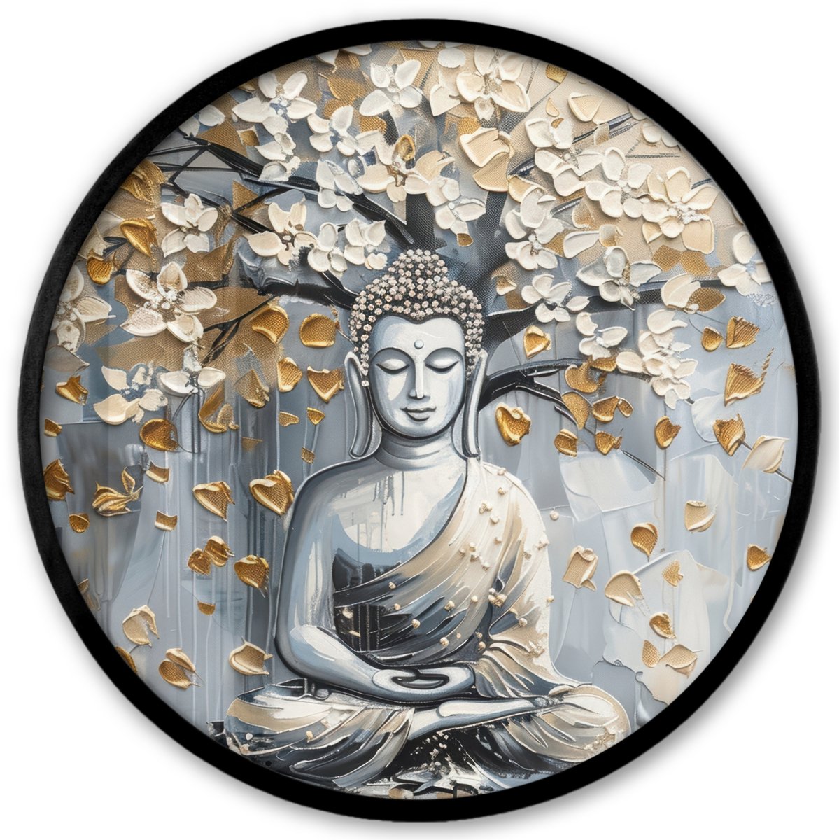 FrameYourWall Poster in lijst Rond - Fotolijst 40x40 cm - Posters - Boeddha - Bloemen - Boom - Goud - Modern - Ronde posterlijst zwart - Decoratie - Wanddecoratie woonkamer - Muurdecoratie slaapkamer Boeddha - Boom