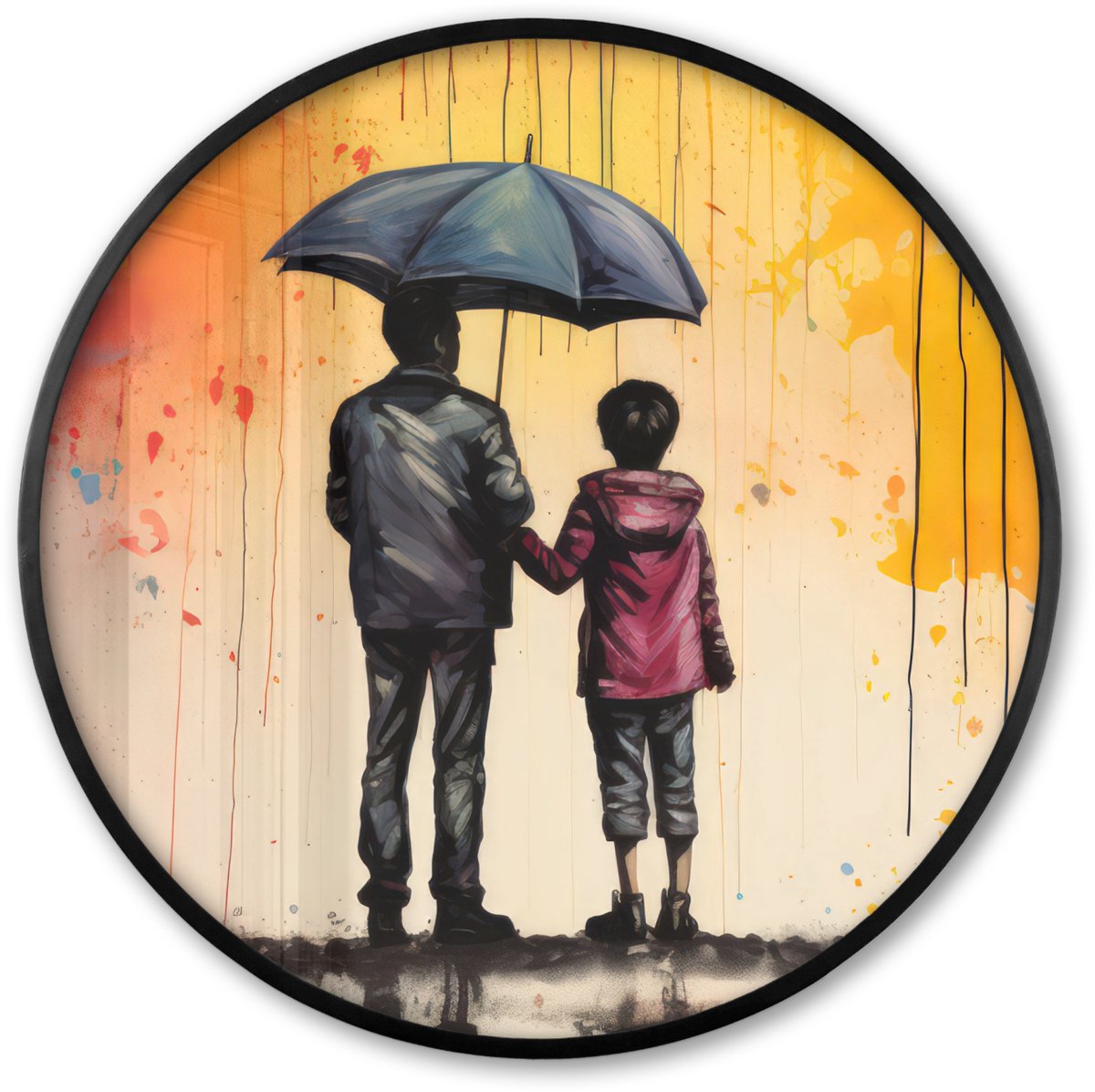 FrameYourWall Poster in lijst Rond - Fotolijst 80x80 cm - Posters - Graffiti - Paraplu - Mensen - Kleuren - Kunst - Ronde posterlijst zwart - Decoratie - Wanddecoratie woonkamer - Muurdecoratie slaapkamer Multicolor