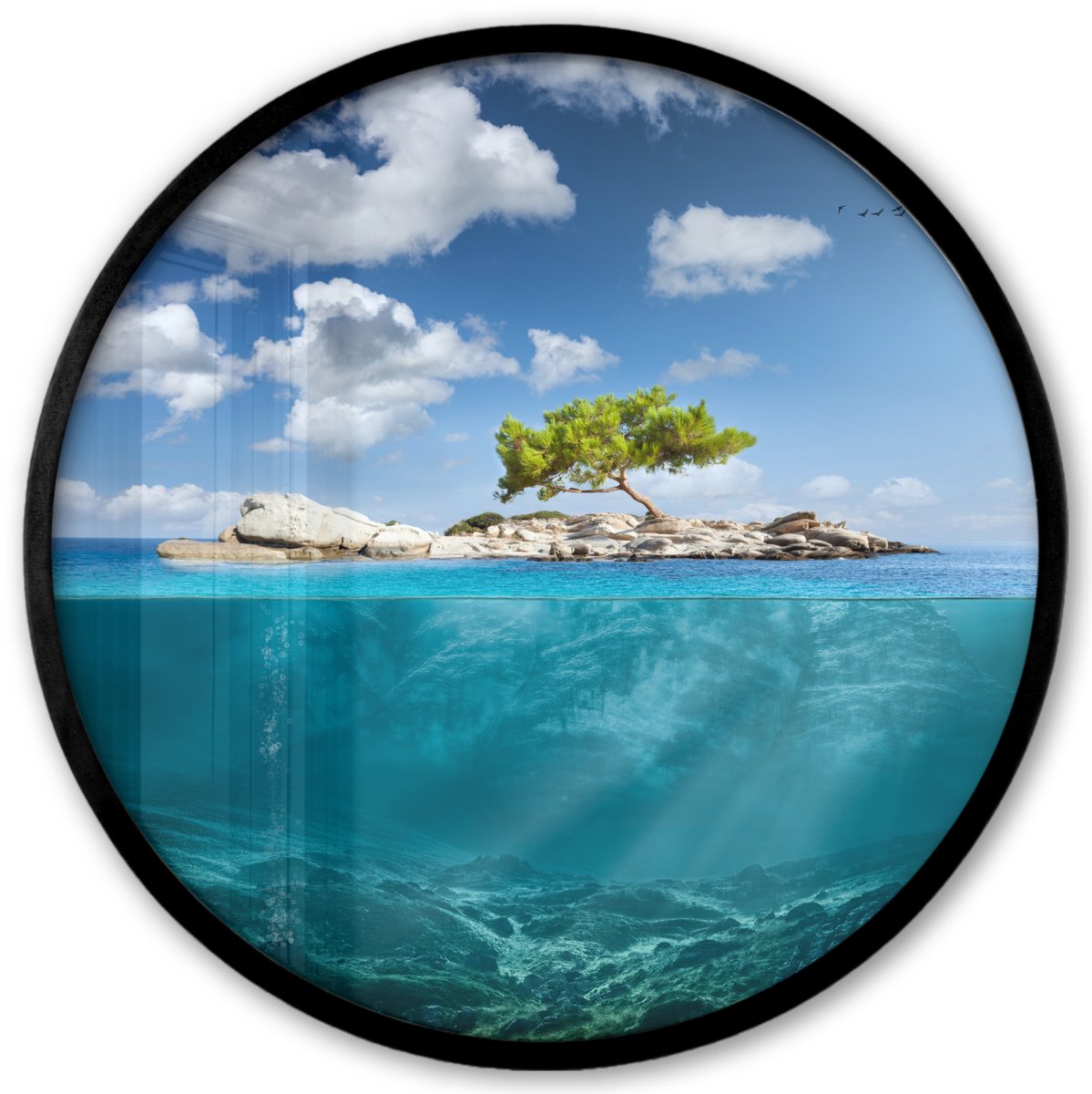 FrameYourWall Poster in lijst Rond - Fotolijst 40x40 cm - Posters - Oceaan - Boom - Eiland - Ronde posterlijst zwart - Decoratie - Wanddecoratie woonkamer - Muurdecoratie slaapkamer Multicolor
