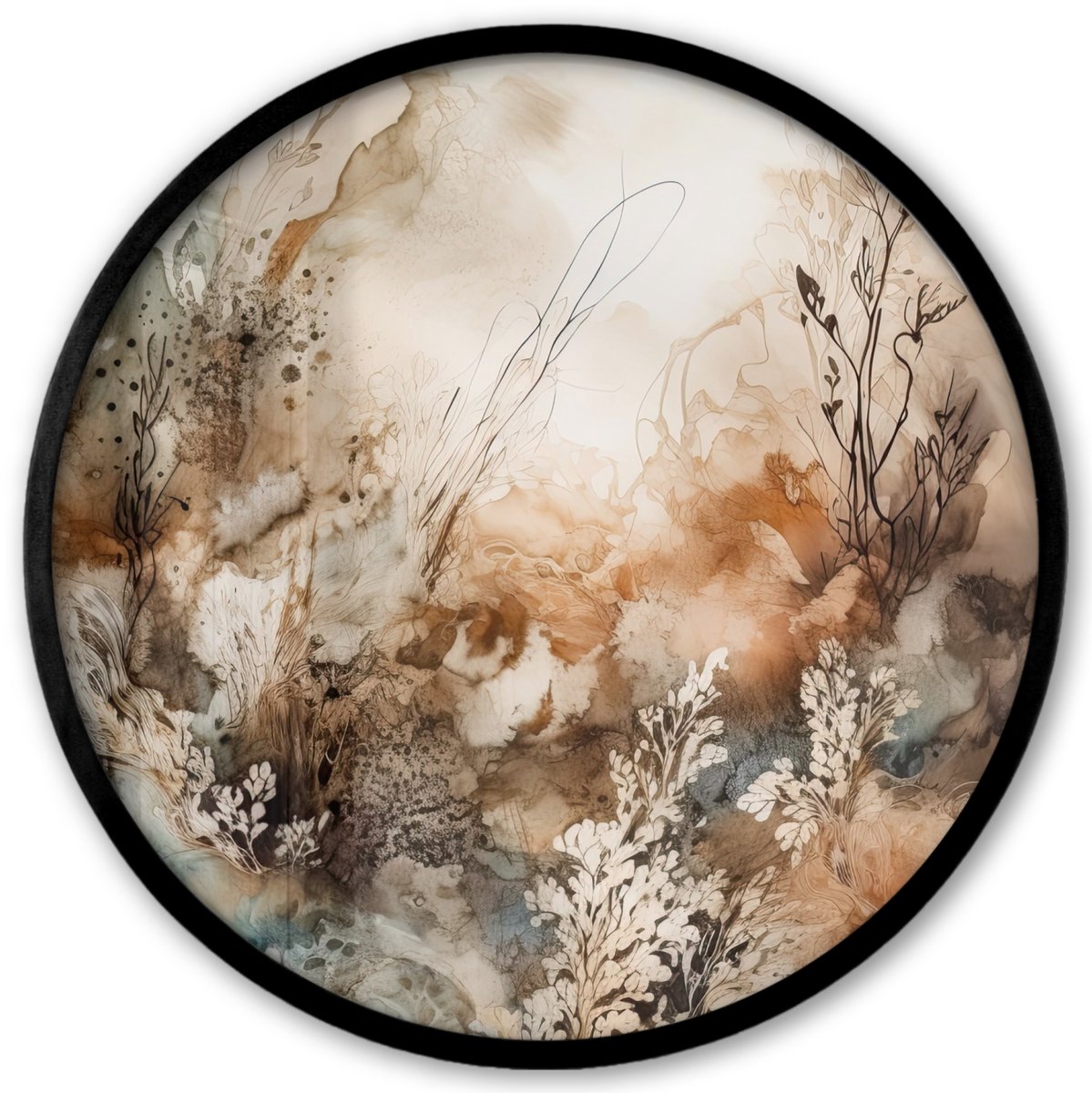 FrameYourWall Poster in lijst Rond - Fotolijst 40x40 cm - Posters - Abstract - Beige - Verf - Kunst - Natuur - Bloemen - Ronde posterlijst zwart - Decoratie - Wanddecoratie woonkamer - Muurdecoratie slaapkamer