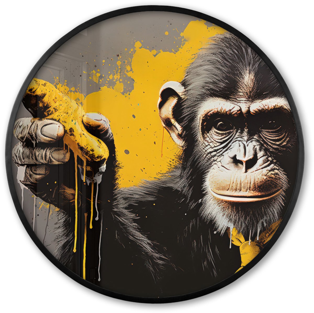 FrameYourWall Poster in lijst Rond - Fotolijst 60x60 cm - Posters - Aap - Chimpansee - Banaan - Geel - Dieren - Stropdas - Ronde posterlijst zwart - Decoratie - Wanddecoratie woonkamer - Muurdecoratie slaapkamer Multicolor