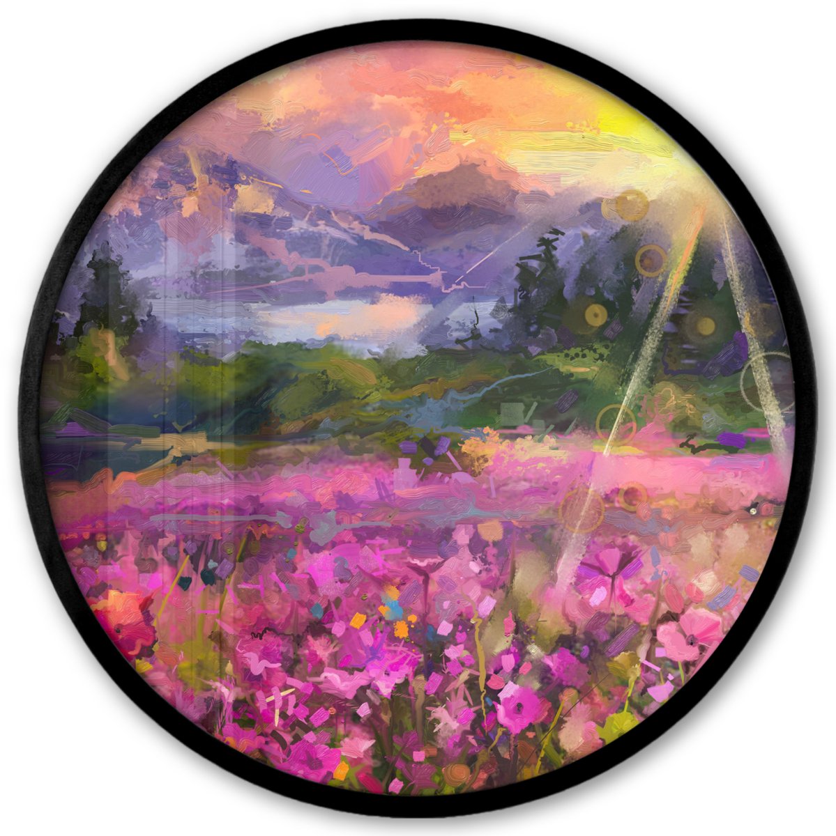 FrameYourWall Poster in lijst Rond - Fotolijst 40x40 cm - Posters - Schilderij - Olieverf - Bloemen - Natuur - Zon - Ronde posterlijst zwart - Decoratie - Wanddecoratie woonkamer - Muurdecoratie slaapkamer Multicolor