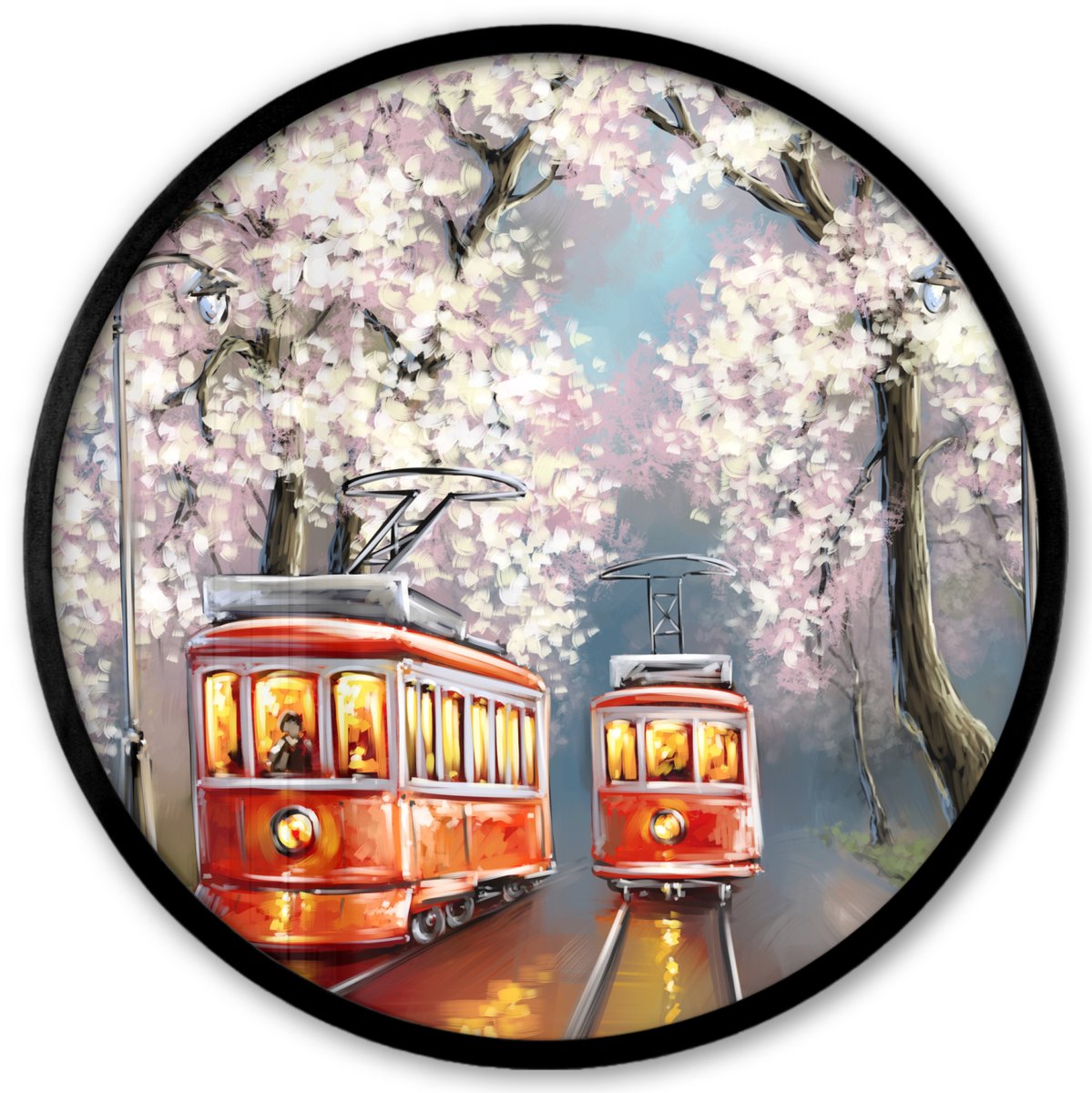 FrameYourWall Poster in lijst Rond - Fotolijst 40x40 cm - Posters - Schilderij - Olieverf - Tram - Bloesemboom - Ronde posterlijst zwart - Decoratie - Wanddecoratie woonkamer - Muurdecoratie slaapkamer Multicolor