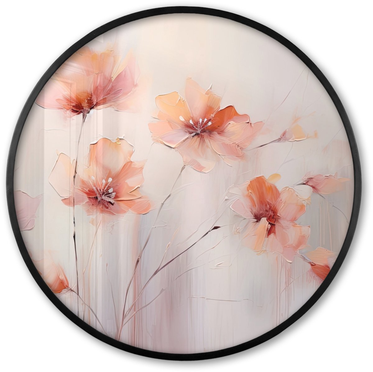 FrameYourWall Poster in lijst Rond - Fotolijst 80x80 cm - Posters - Klaproos - Bloemen - Kunst - Abstract - Watercolor - Ronde posterlijst zwart - Decoratie - Wanddecoratie woonkamer - Muurdecoratie slaapkamer Roze Klaprozen - Pastel