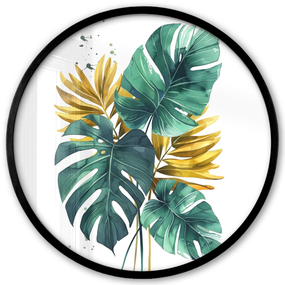 FrameYourWall Poster in lijst Rond - Fotolijst 40x40 cm - Posters - Bladeren - Monstera - Groen - Goud - Modern - Ronde posterlijst zwart - Decoratie - Wanddecoratie woonkamer - Muurdecoratie slaapkamer