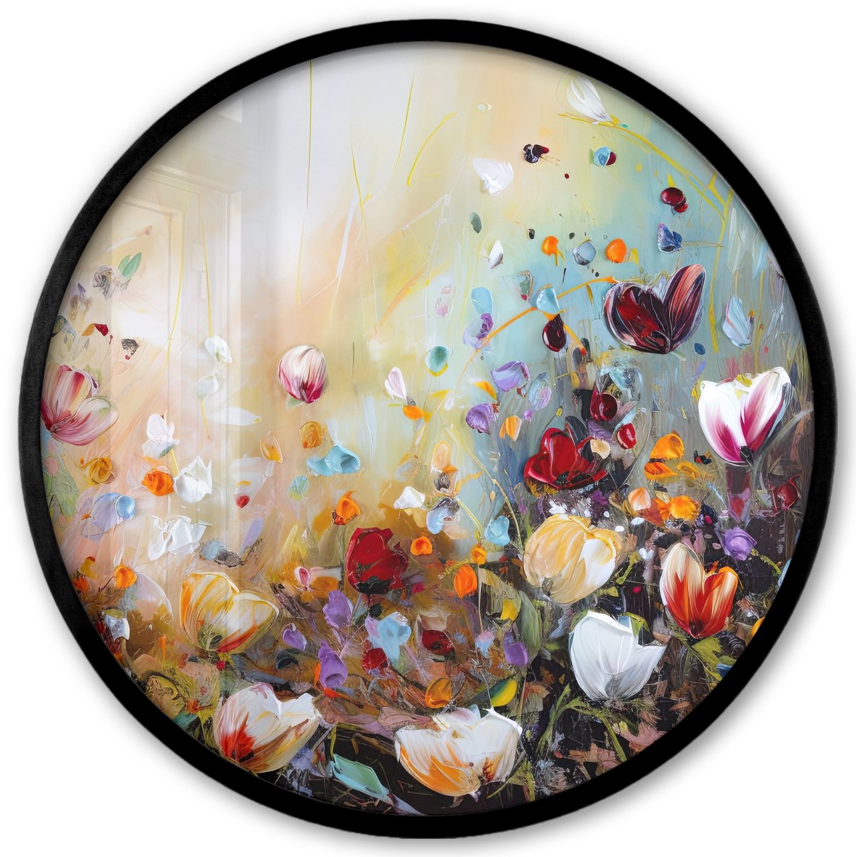FrameYourWall Poster in lijst Rond - Fotolijst 40x40 cm - Posters - Olieverf - Bloemen - Kleurrijk - Natuur - Ronde posterlijst zwart - Decoratie - Wanddecoratie woonkamer - Muurdecoratie slaapkamer Bloemen - Verf