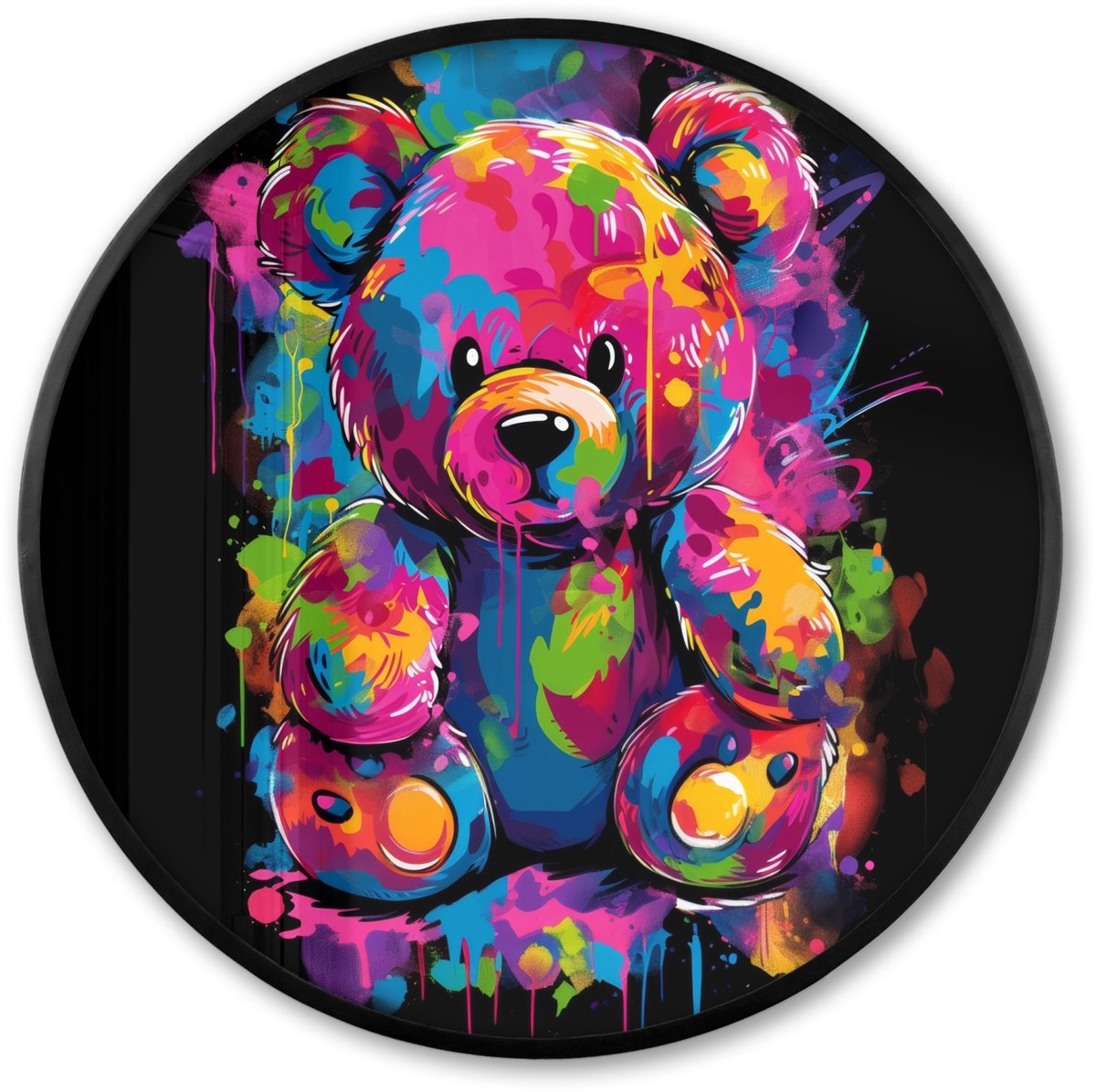 FrameYourWall Poster in lijst Rond - Fotolijst 80x80 cm - Posters - Beer - Verf - Kleurrijk - Knuffeldier - Ronde posterlijst zwart - Decoratie - Wanddecoratie woonkamer - Muurdecoratie slaapkamer