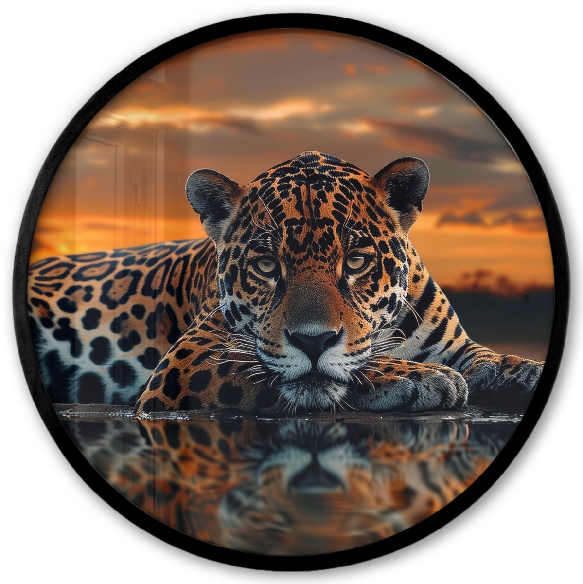 FrameYourWall Poster in lijst Rond - Fotolijst 40x40 cm - Posters - Natuur - Luipaard - Dier - Zonsondergang - Modern - Ronde posterlijst zwart - Decoratie - Wanddecoratie woonkamer - Muurdecoratie slaapkamer