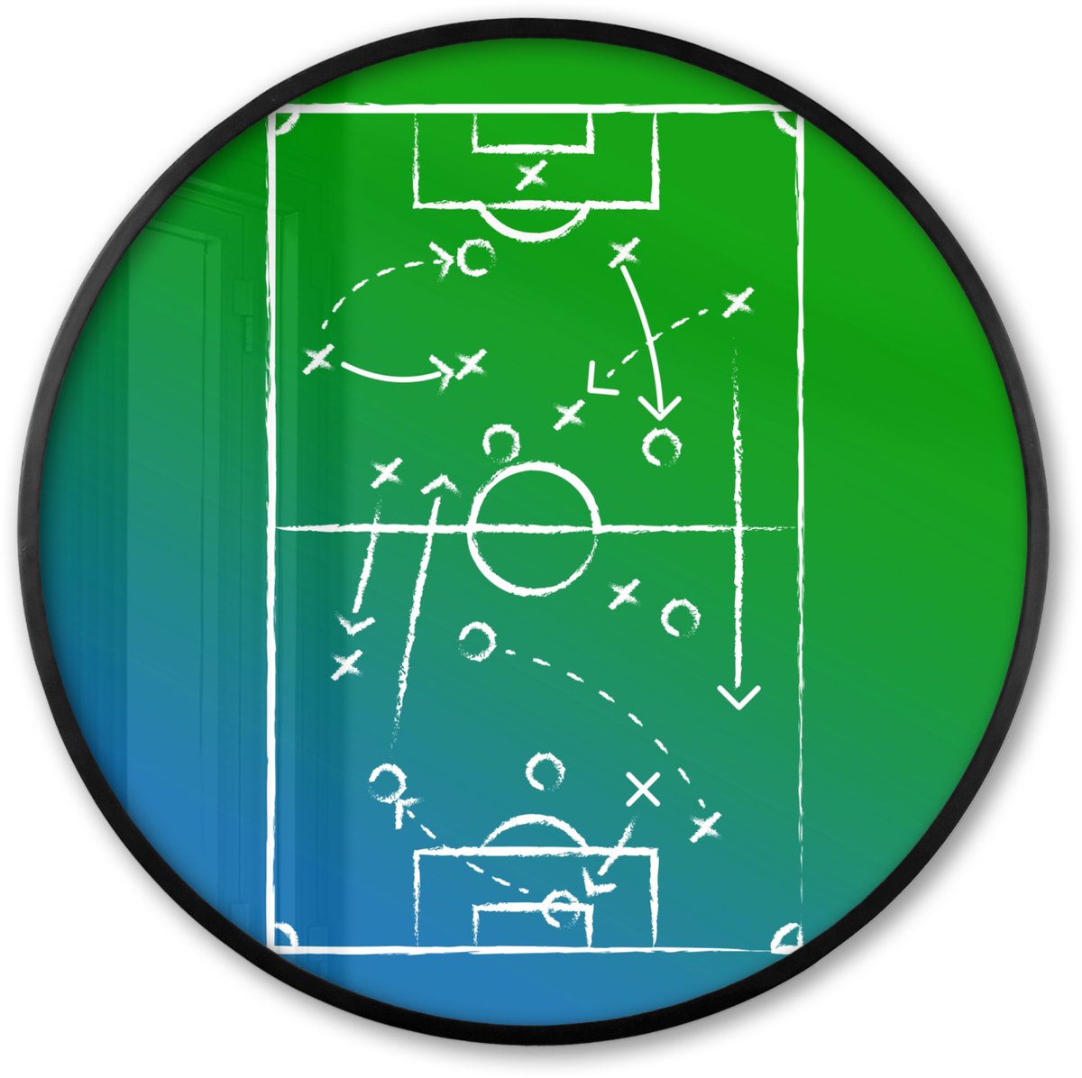 FrameYourWall Poster in lijst Rond - Fotolijst 80x80 cm - Posters - Voetbal - Tactiek - Spel - Groen - Blauw - Ronde posterlijst zwart - Decoratie - Wanddecoratie woonkamer - Muurdecoratie slaapkamer Speelveld