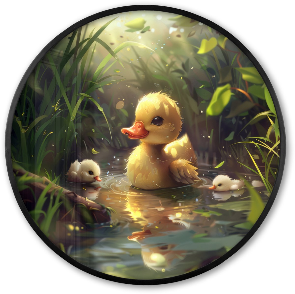 FrameYourWall Poster in lijst Rond - Fotolijst 80x80 cm - Posters - Eendjes - Dieren - Natuur - Ronde posterlijst zwart - Decoratie - Wanddecoratie woonkamer - Muurdecoratie slaapkamer