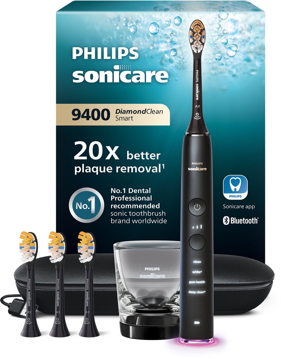 Philips Sonicare Diamondclean Smart 9500 Elektrische tandenborstel + 4 opzetborstels - Zwart HX9918/89