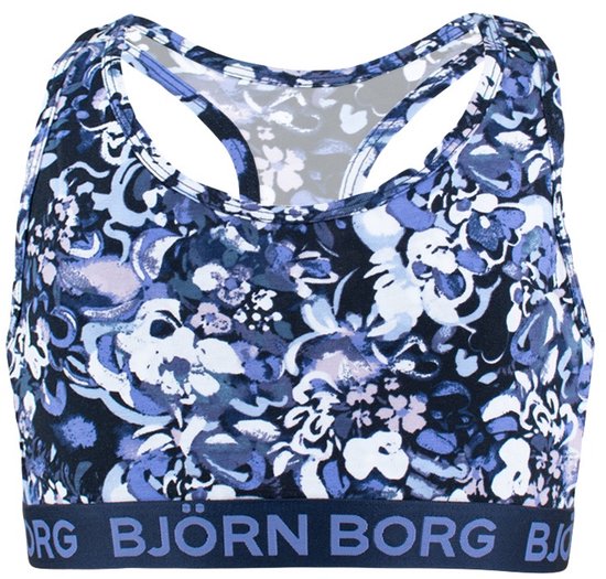 Sportbeha met blauw-paarse bloemenprint en Björn Borg logo op de band.
