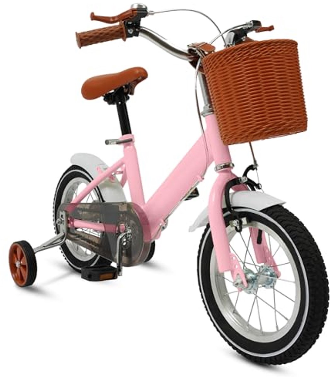 Kinderfiets 12 inch voor jongens en meisjes met steunwielen en mand, in hoogte verstelbare fiets voor kinderen van 80 - 110 cm