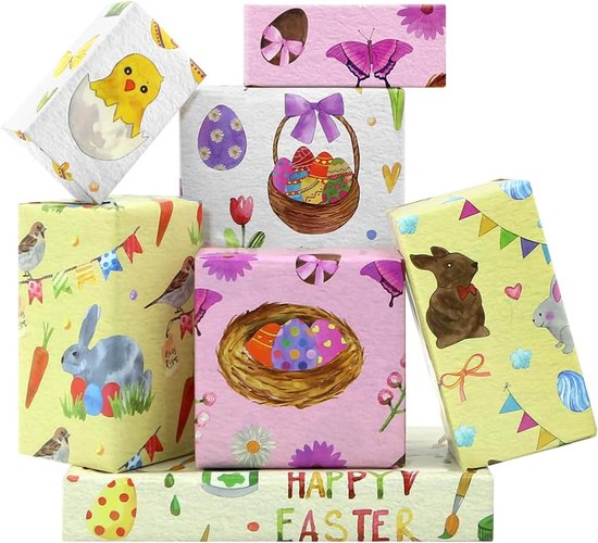 Geluode Pasen inpakpapier, 4 vellen gekleurd ei konijn Geluode Pasen inpakpapier, 4 vellen gekleurd ei konijn